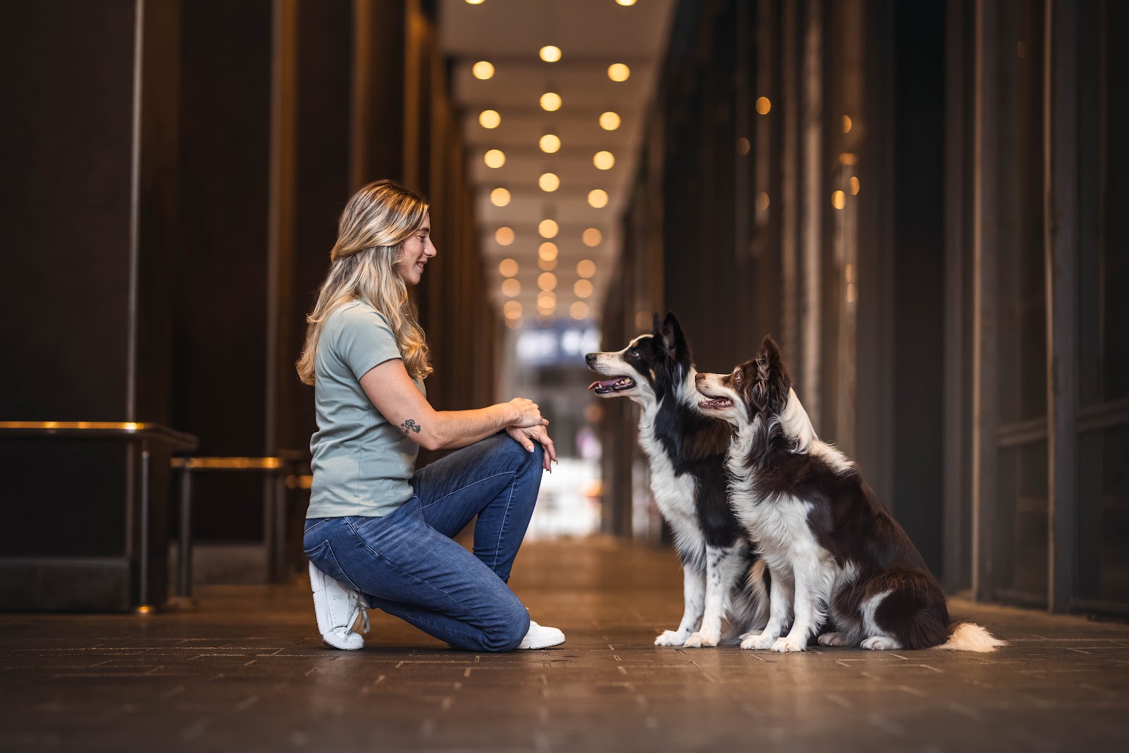 Roni kneeling in a corridor, two border collies watching her