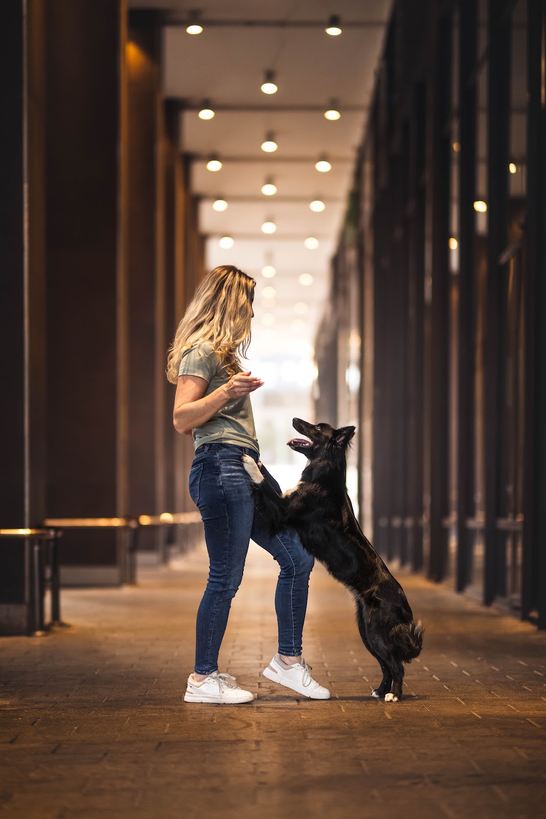 Roni's dog jumping up to greet her in a lit corridor